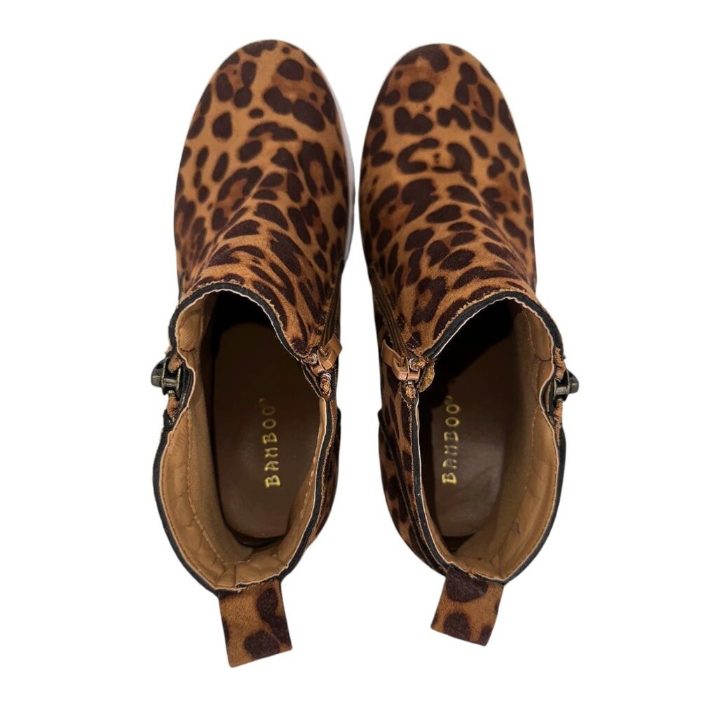 BAMBOO Leopard Print Faux Suede Wedge Sneakers – Dual Zipper Women's Ankle Boots - Picture 3 of 8